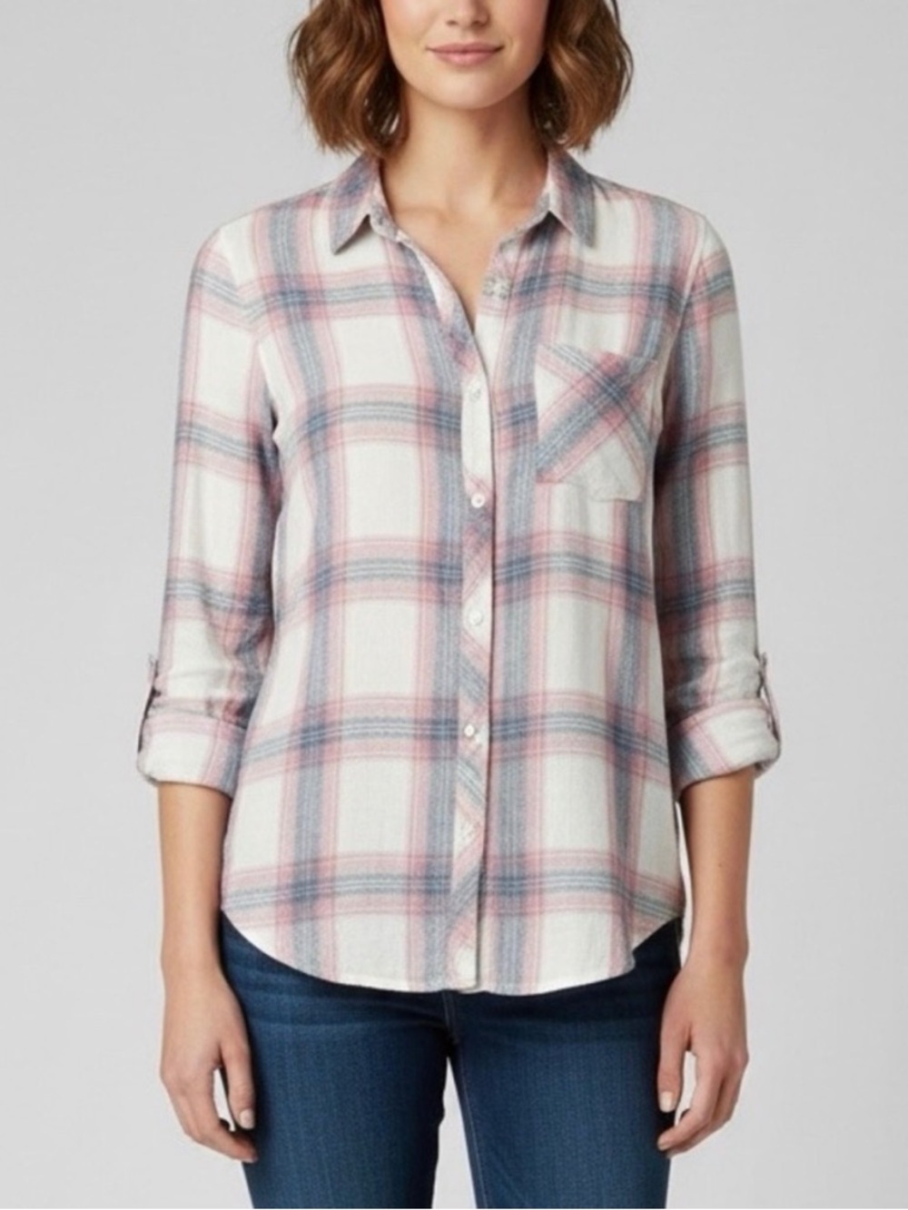 Rails Hunter Plaid Button Down Shirt White and Peony Pink
Rayon Size Small